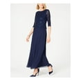 thumbnail image 3 of ALEX EVENINGS Womens Navy Lace Zippered Sequined Scalloped Lined Floral 3/4 Sleeve Crew Neck Full-Length Evening Gown Dress 6, 3 of 7