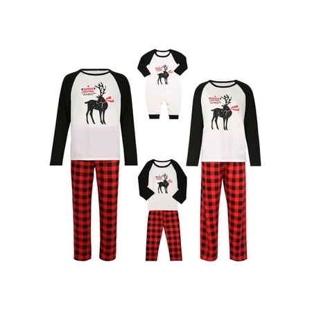 

Gwiyeopda Christmas Family Parent-child Pajamas Cartoon Reindeer Raglan Tops + Plaid Trousers Home Clothes Set