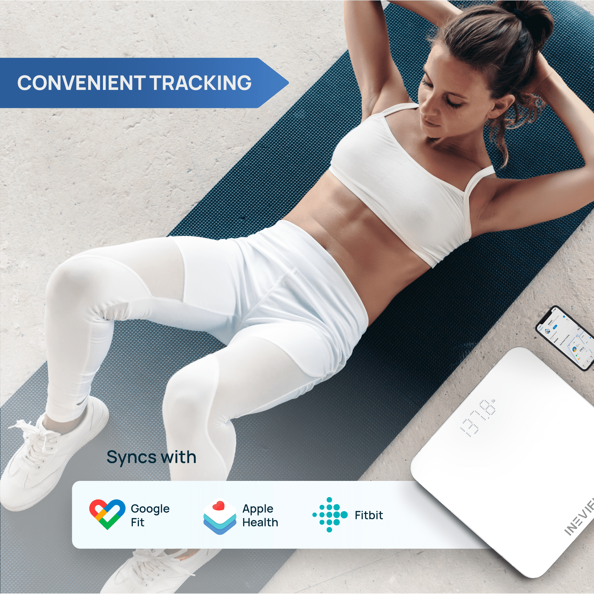 INEVIFIT Smart Premium Bathroom Scale with Bluetooth and Free Tracking INEVIFIT APP 11.8 x 11.8 inch - White