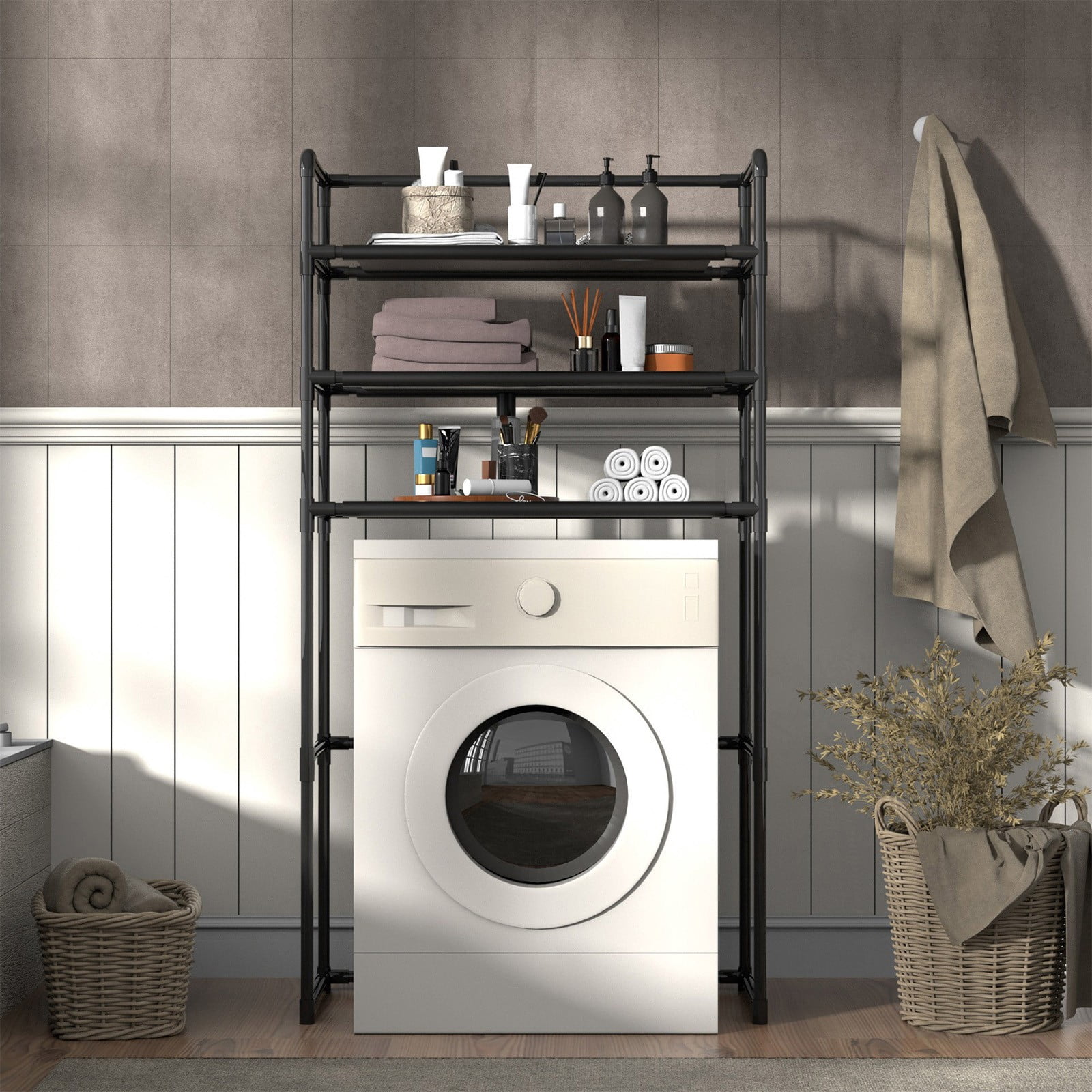 Taicans Over the Toilet Metal Storage Shelf Unit Space Saver,3-Tier Bathroom Shelf Organizer Freestanding above Toilet Storage Rack with Metal Frame & Hook for Towels & Toiletries,28x59in