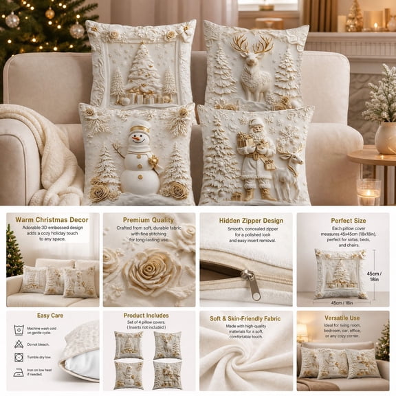Cififendec Christmas 3D Embossed Xmas Print Throw Pillow Cover Set of 4, 17.71", Soft Cushion Case for Couch Bed Sofa Holiday Outfitting
