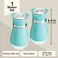 thumbnail image 5 of Stainless Steel Turquoise Salt and Pepper Shakers with Transparent Glass Bottoms and Perforated "S" and "P" Screw-Off Caps (4oz), 5 of 10