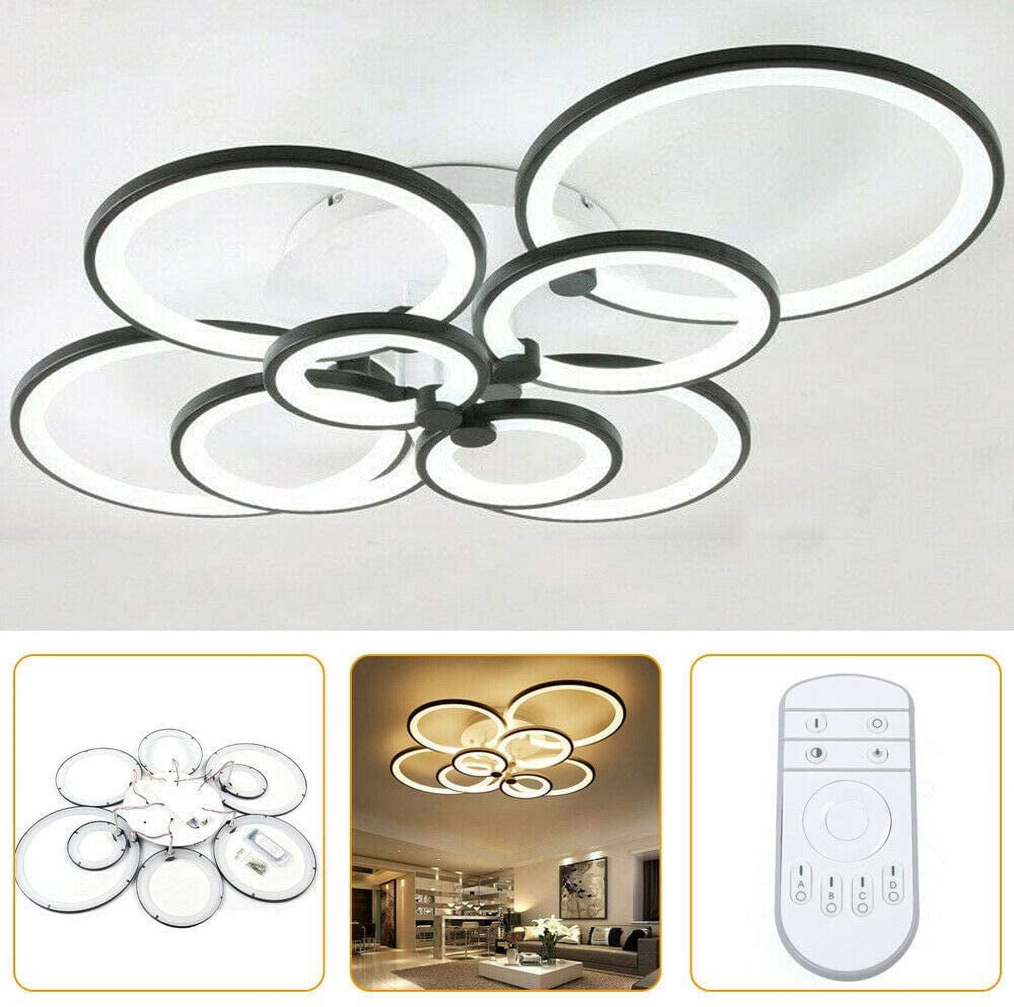 Fichiouy Modern LED Ceiling Lights Acrylic 8 Circle Ring Chandelier Lamp Fixture Dimming 3 Colors with Remote Control Black 150W