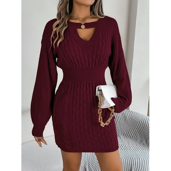 Women's Pullover Sweater Dress Solid Hollow Neck Long Lantern Sleeve Dresses Crew Neck Cute Cable Knit Bodycon Mini Short Dresses