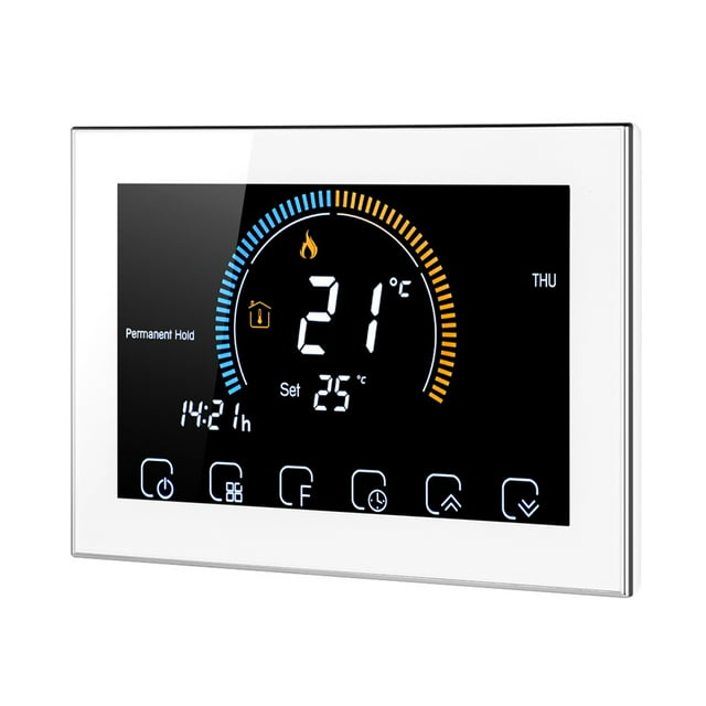 Abody 95-240V Thermostat Programmable Intelligent Wi-Fi 5+1+1 à Six Périodes Commande Vocale par Application Rétroéclairage LCD Chaudière Eau/ Gaz Chauffage Thermorégulateur avec Indice d'Humidité Affichage Fonction de Verrouillage Compatible