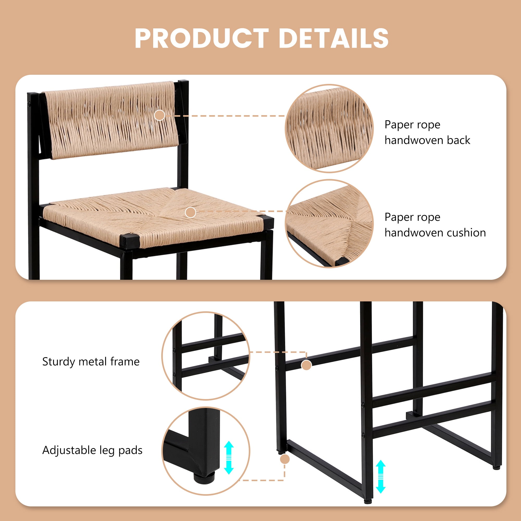 SYNGAR Bar Stools with Back Sets of 2, Woven Bar Chair with Metal Legs, Counter Height Bar Stools, Bar Chairs for Kitchen Bars Restaurants, Tufted Barstools Set, Honey