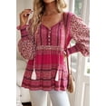 thumbnail image 4 of Tassel Tie Neck Button Detail Bohemian Print Blouse for Women Pink Small, 4 of 5