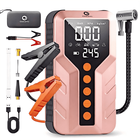 ODEGNC 6000A 25000mAh Jump Starter with 150PSI Air Compressor for Car Truck SUV RV - LED Emergency Light & USB Quick Charger（Rose gold）