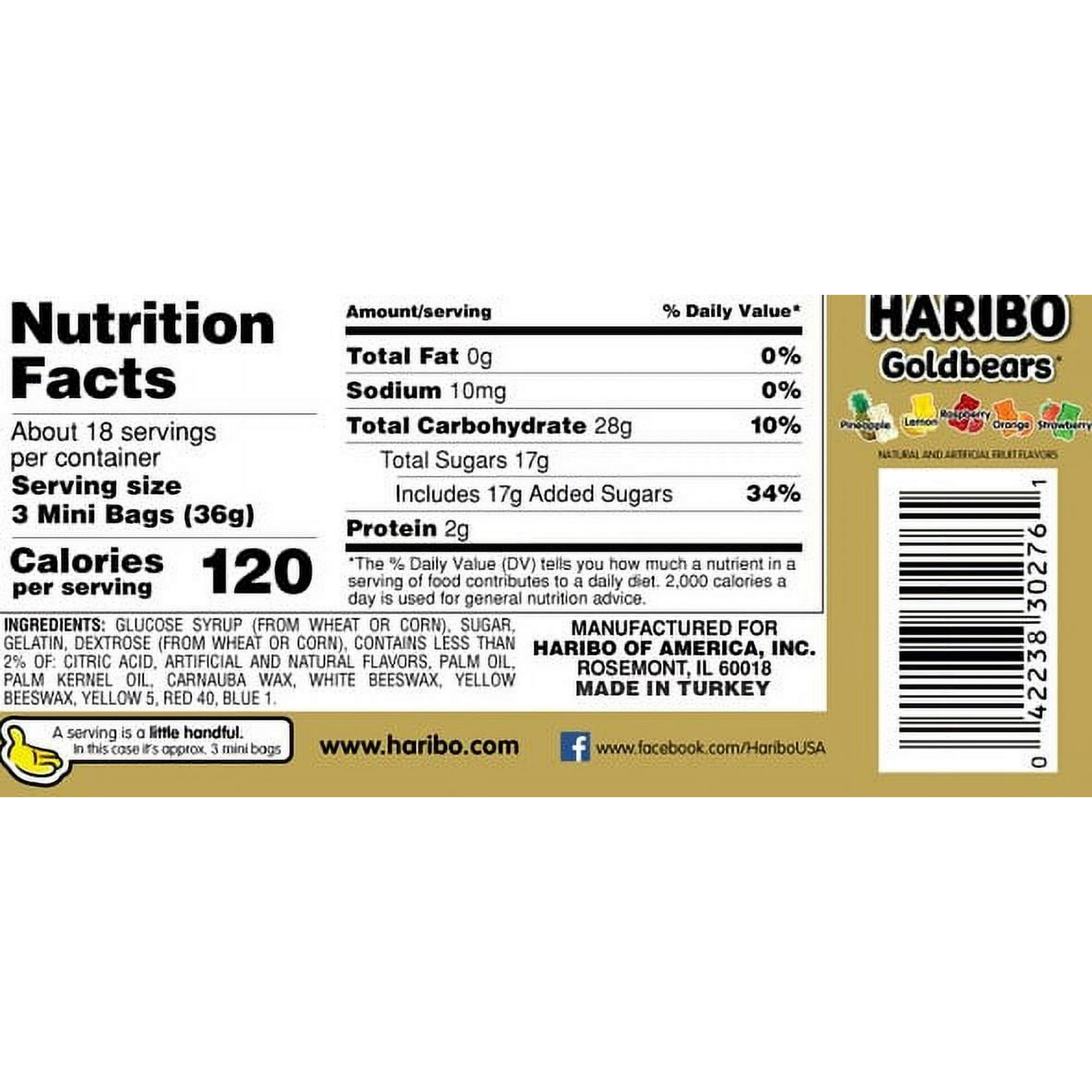 HARIBO Goldbears Gummy Bears Original Assorted Fruit Flavor Candy Gummies, Candy Tub, 22.8oz, 54ct Mini Gummy Pouches