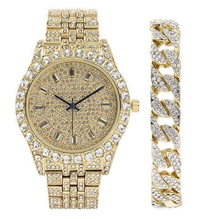 Charles Raymond Mens Watch w/Matching Iced Rolly Hip Hop Bracelet - Big Rhinestones on Trim and Elegant Baguette Time Indicators on Dial - Master Bling Designer - ST10226B (Cuban Gold)