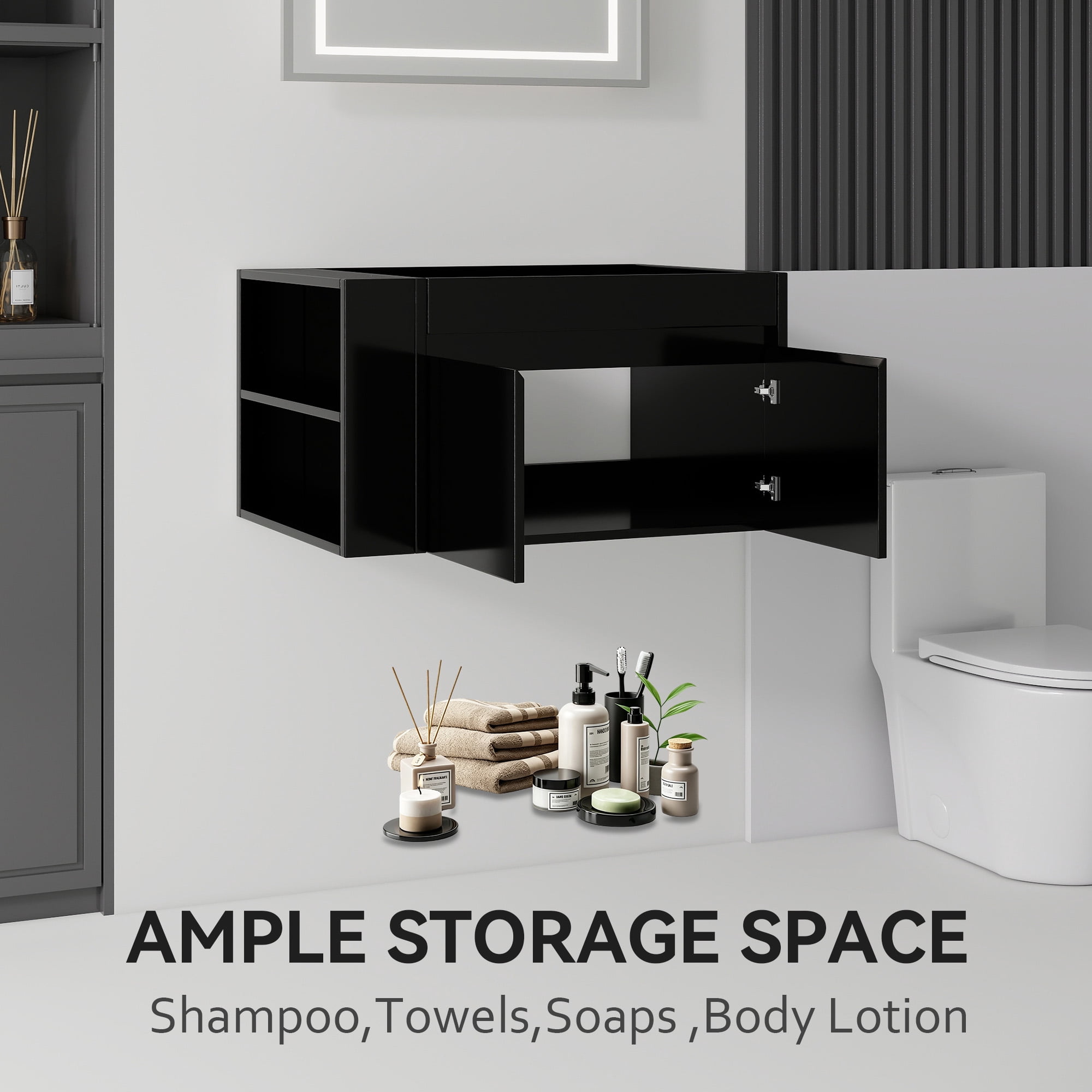 Leumius 30" Floating Bathroom Vanity Cabinet with Open Side Storage Compartment,Soft-Close Double Doors,Wall Mounted Bathroom Cabinet for Small Space,Cabinet Only,Black