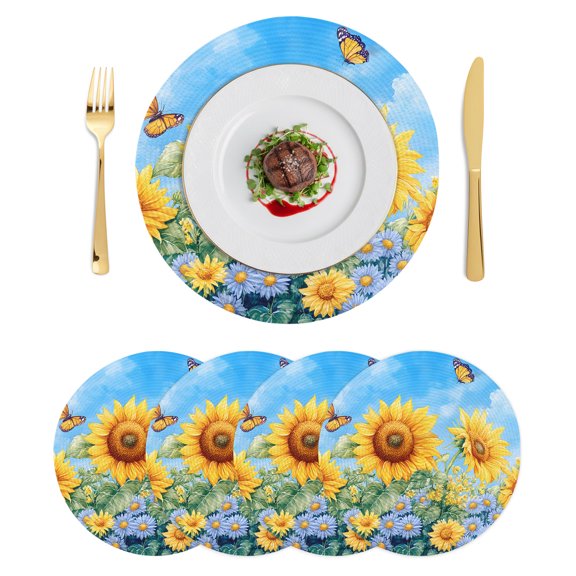 Round Placemats Sunflower 15 inch Set of 4 Table Mats for Dining Table Farmhouse Butterfly Floral Heat Resistant Non-Slip Kitchen & Home Decorative Place Mat Set