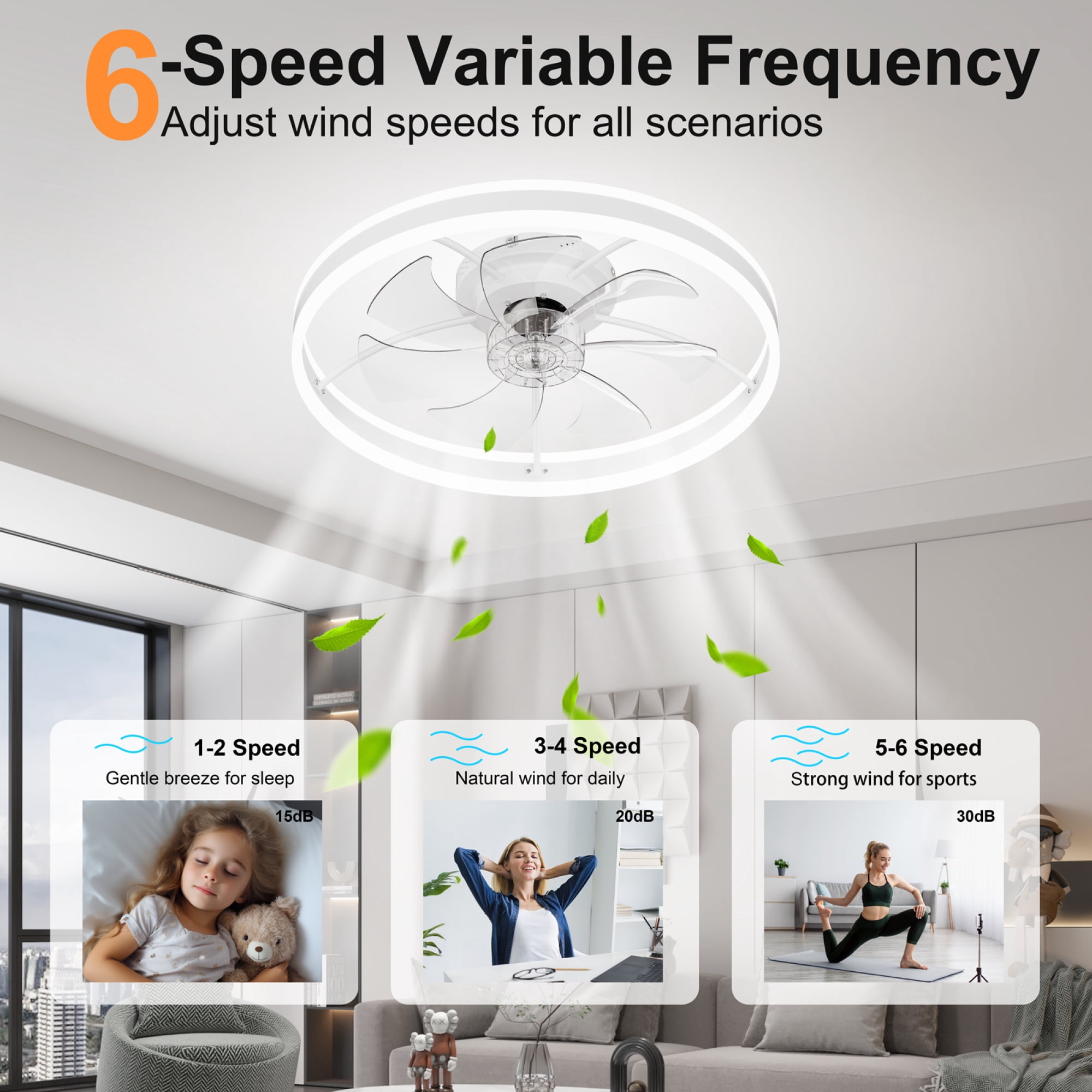 Leumius 23.6"Smart Ceiling Fan with LED Light, 7 Blades Modern Metal Design, 6-Speed Quiet DC Motor, APP & Remote Control, Dimmable Light 3000K-6500K for Living Room Bedroom White
