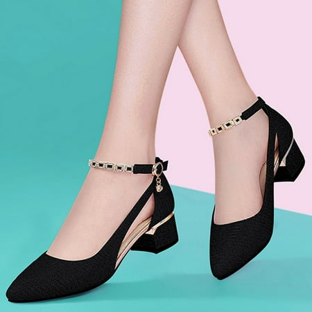 

Spring And Summer Shallow Mouth Women Single Shoes Thick Heel Buckle Pointed Toe Shoes Metal Decoration Yutnsbel