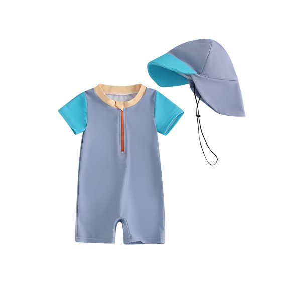 BemeyourBBs Toddler Baby Boy Girl One Piece Swinsuit with Sun Hat Infant Boy Girl Bathing Suit Short Sleeve Rash Guard Swimwear Cute Contrast Color Zip Up Summer Beachwear