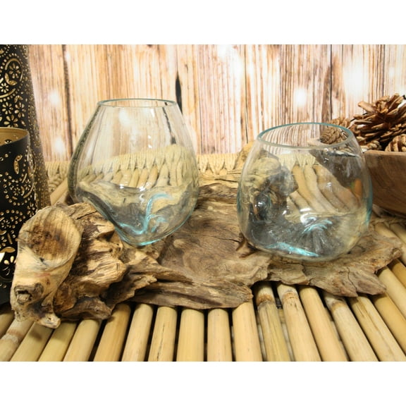 Balinese Handicraft Natural Driftwood Root With 2 Molten Hand Blown Glasses 11oz