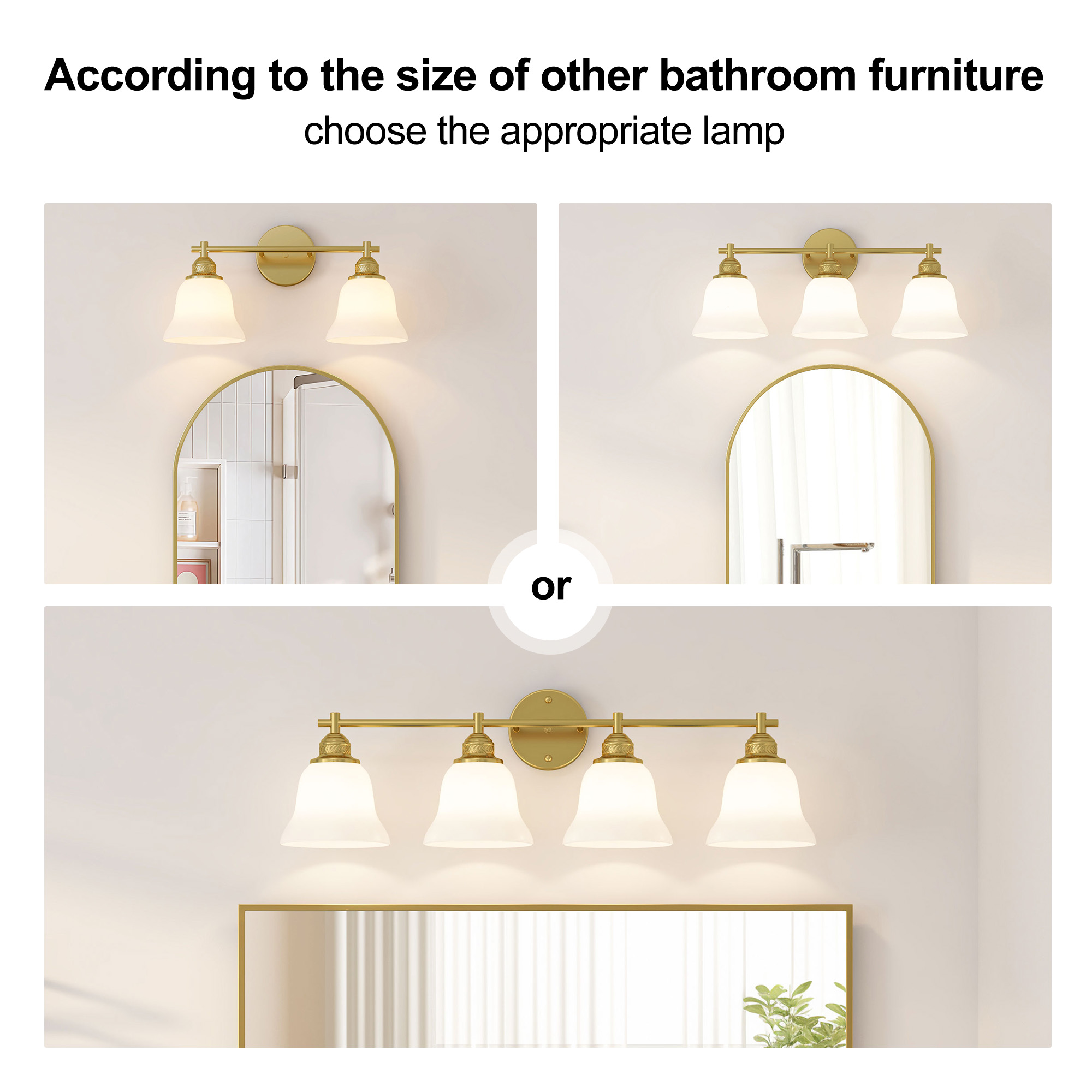 Hironpal 2-Light Bathroom Light Fixtures, Bathroom Vanity Light with White Glass Shade over Mirror Cabinet,Brushed Brass