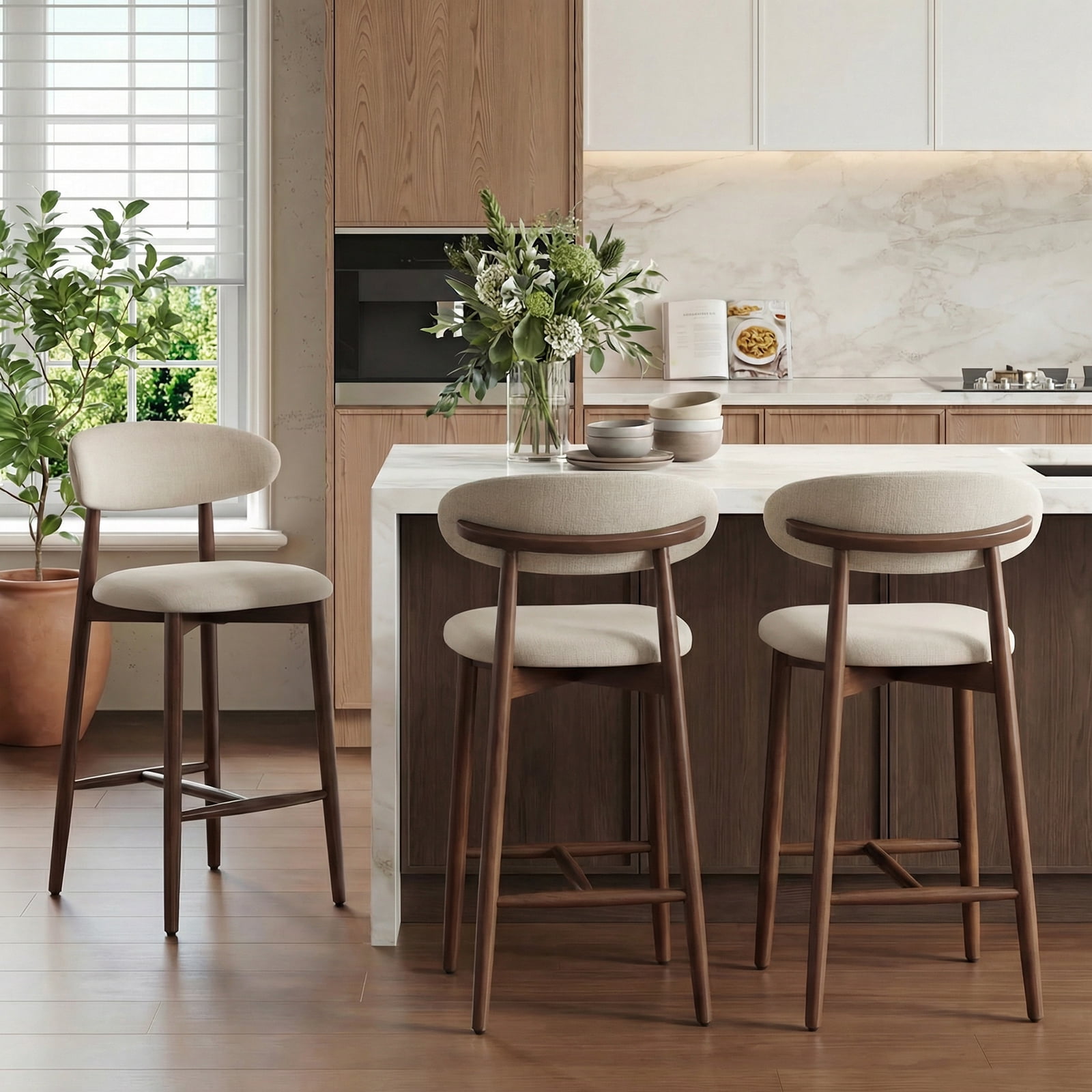 Mid Century Modern Kitchen Bar Stools Set of 6, Counter Height Stools with Curved Back and Wooden Frame,Upholstered Seat Beige