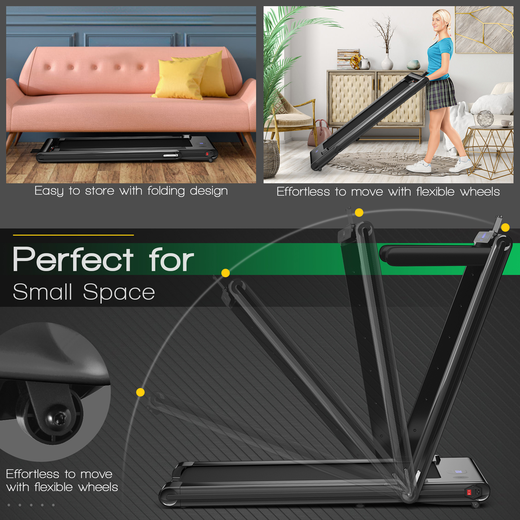 Gymax 2.25HP Folding Treadmill 2-in-1 Walking Running Machine w/ APP & Remote Control Black