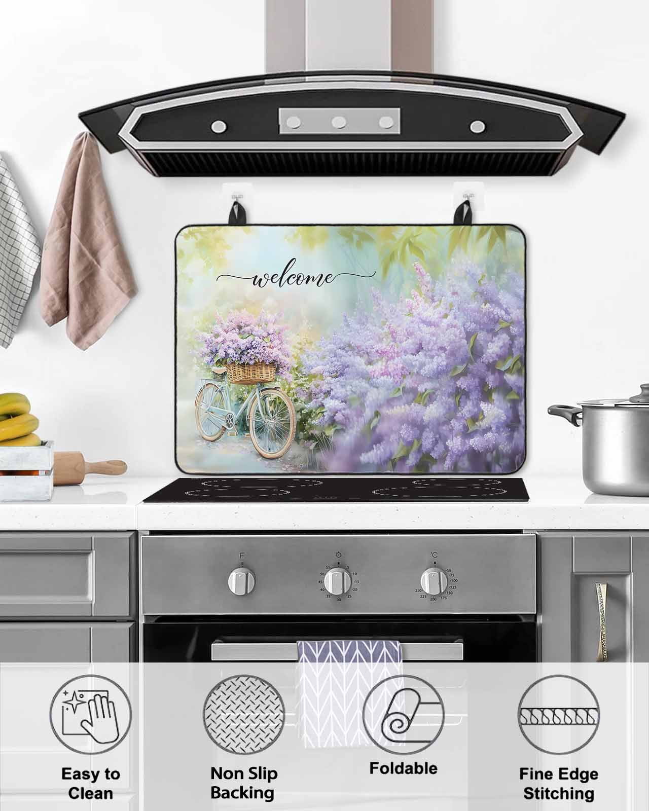 nqOlkjepod Large Induction Cooktop Protector Mat 28.5"x20.5", Purple Lavender Stove Top Covers for Electric Stove, Spring Leaves Bike Farm Country Garden Stove Burner Cover Mats Stove Cover