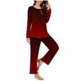 thumbnail image 7 of UAMVSH Womens Pajamas Sets Long Sleeve Button Crew Neck Sleepwear Pullover and Loungewear Bottoms Pleated Two Piece Lounge Outfits(X-LargeWine 4), 7 of 7