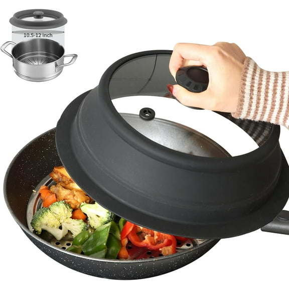 Vented Tempered Glass Lid Wok Lid for Stockpot Pot Pan, 10.5 inch Multifunction Silicone Cover Collapsible Microwave Splatter Lid Cover Microwave Safe