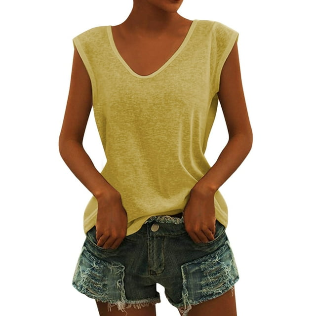 Ketyyh-chn99 Hauts Courts pour Femmes Haut Y2k Chandails à Col Rond Été Sans Manches Coupe Ample Tunique Haut Basique Jaune,P