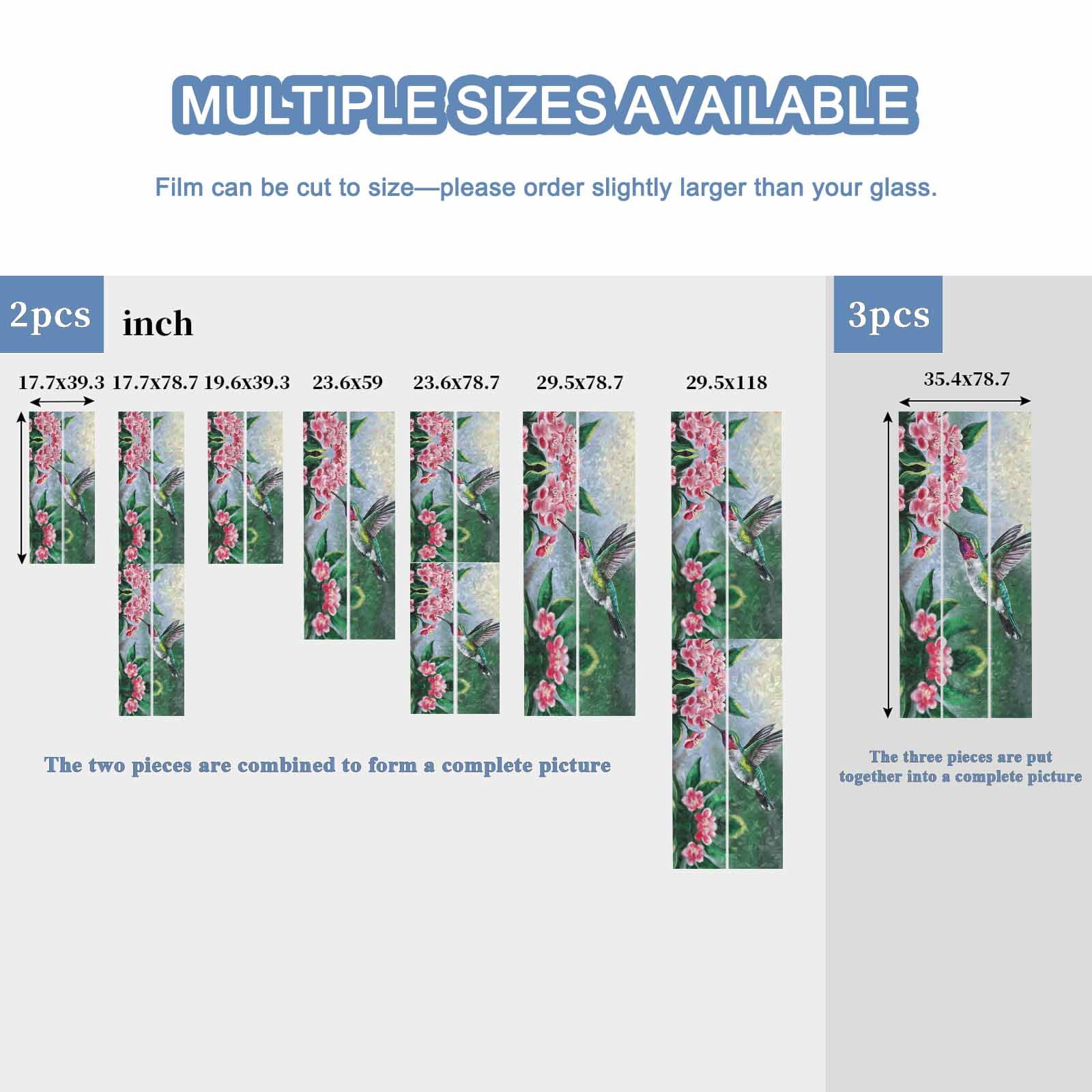 Rainbow Window Privacy Film, Green Hummingbird Static Cling Decorative Window Film PVC, Spring Summer Pink Flower Leaf No Glue UV Blocking Glass Covering, Removable Stained Glass Sticker 23.6''x59''