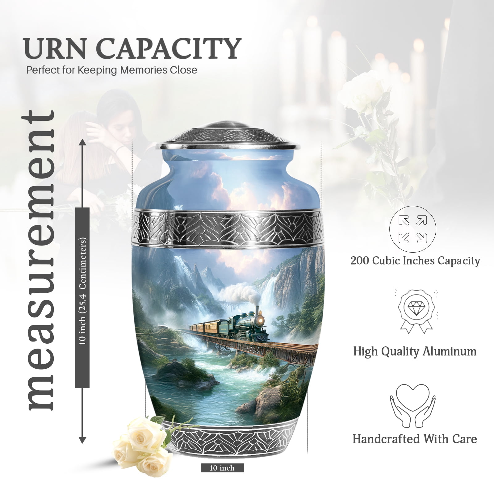 KARYLIZ Train Urns For Human Ashes Adult Man - Mountain Valley Clouds Blue-Green Urn for Male & Female, Large Cremation Urn with Velvet Bag, Funeral & Burial Urns For Mom & Dad 10 Inch