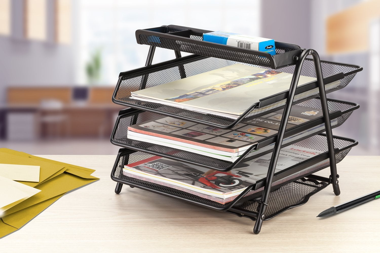 Halter Desk File Organizer 3 Trays, Steel Mesh Storage for Home and Office, Durable, 1 Pack, Black