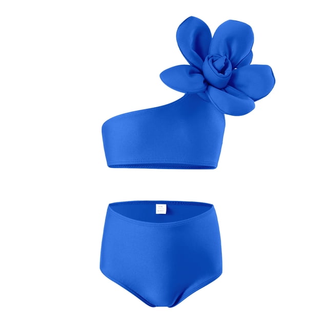 Hiiyo Big Girls 2 Piece Swimsuit Flower One Shoulder Bathing Suit Solid Swimwear Set