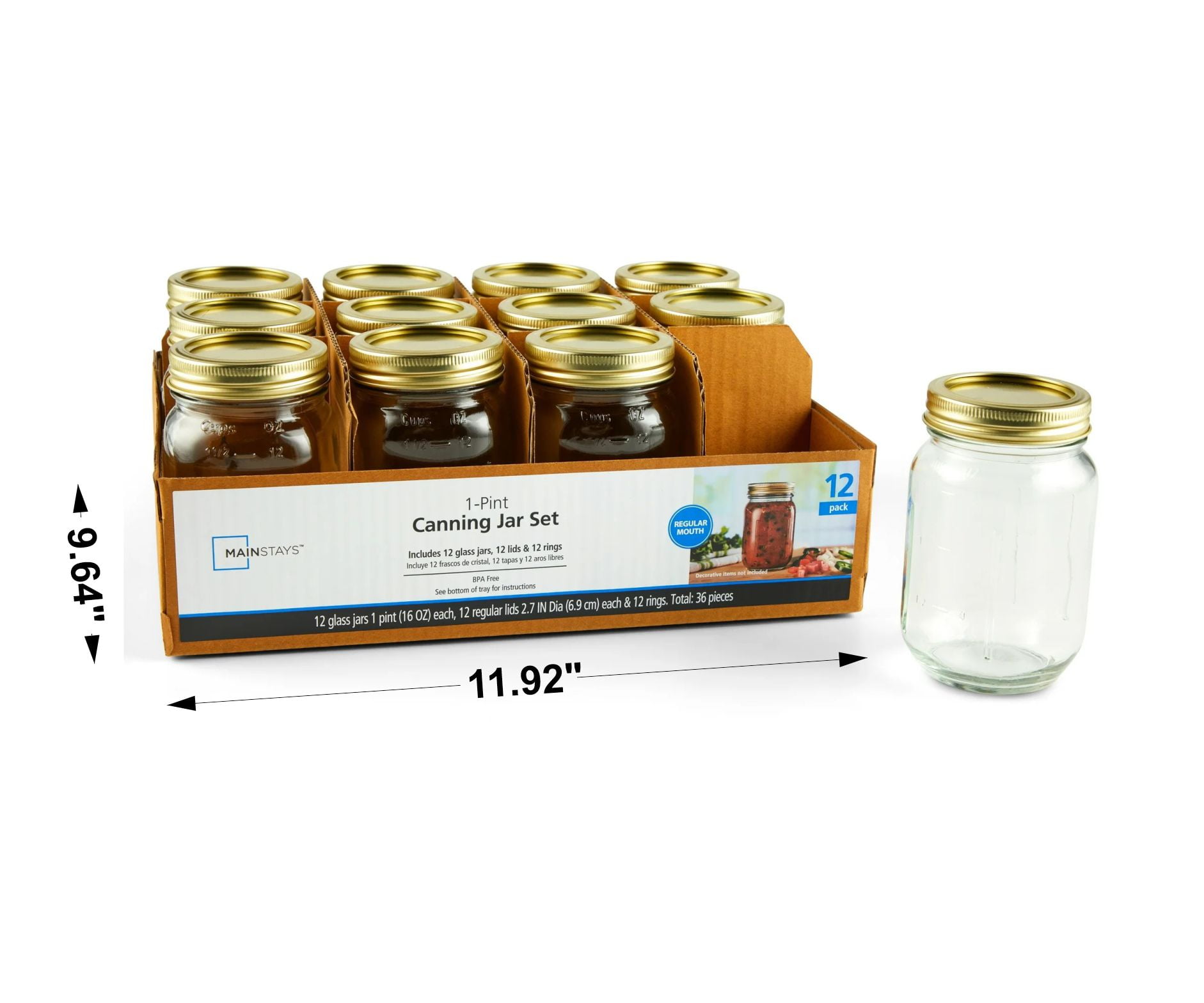 (2 pack) Mainstays 16 oz Airtight Glass Regular Mouth Canning Jars (12 Count)