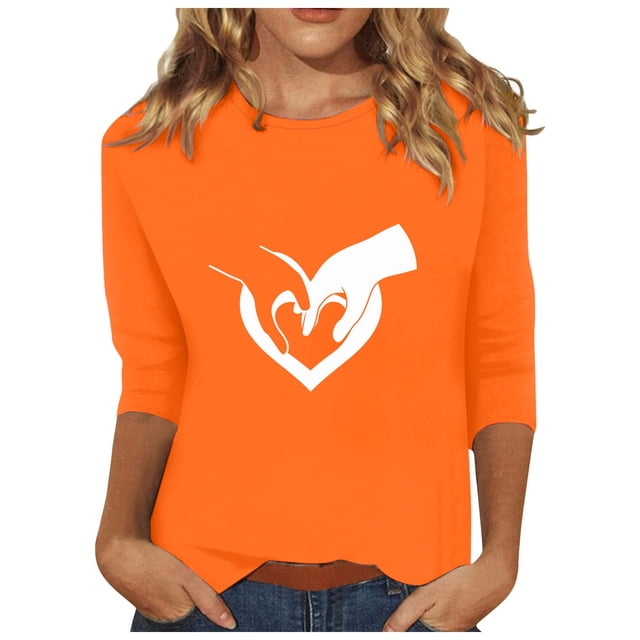 Dadaria Hauts pour Femmes Chemise Orange Manches 3/4 T-Shirt Col Rond Grande Taille Tee Été Chandail Blouses S
