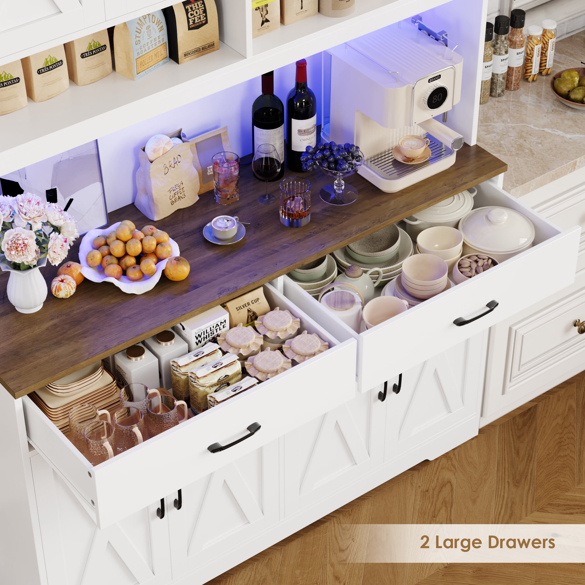 Hiphuta Farmhouse Kitchen Pantry Storage Cabinet, 71”H Freestanding Hutch with 8 Doors and 3 Drawers for Dining and Living Room, White