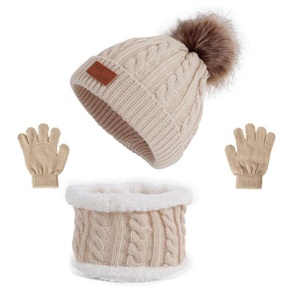 Child Winter Hat Scarf Gloves Set for 1-6 Year Old Kids,Knit Warm Pompom Beanie Hat Cap Neck Scarf Gloves Set for Boys Girls 