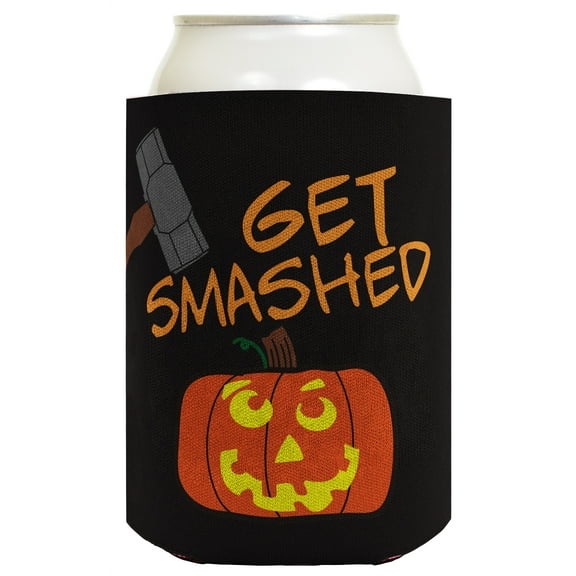 ThisWear Funny Halloween Beer Coolie Get Smashed Jack o Lantern Pumpkin Costume Accessory 2 Pack Can Coolie Drink Coolers Coolies Black