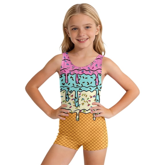 oqasdz Girls One Piece Swimsuits U Neck Sleeveless Rash Guard Stylish Print Bathing Suit for Kids Youth Swimming Casual Vacation