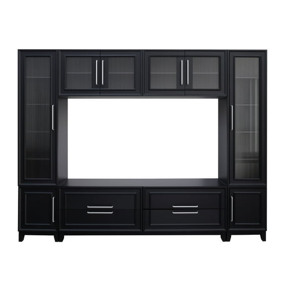 102 Inch Wide Modern Entertainment Center with Glass Doors for TVs up to 75 Inches, Large Minimalist TV Stand Media Console with Drawers and Storage Cabinets for Living Room