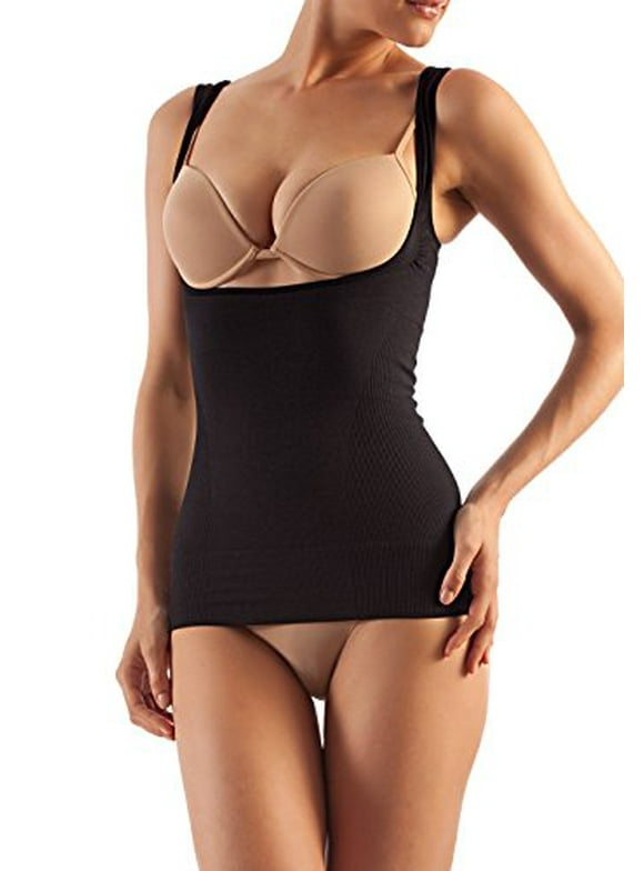 Open Bust Compression Camisole. Microfiber Shape Wear. For Slimmer Look & After Cosmetic Surgery. Post-Op Garments. Fine Italian Made Quality & Style. (Large Black)