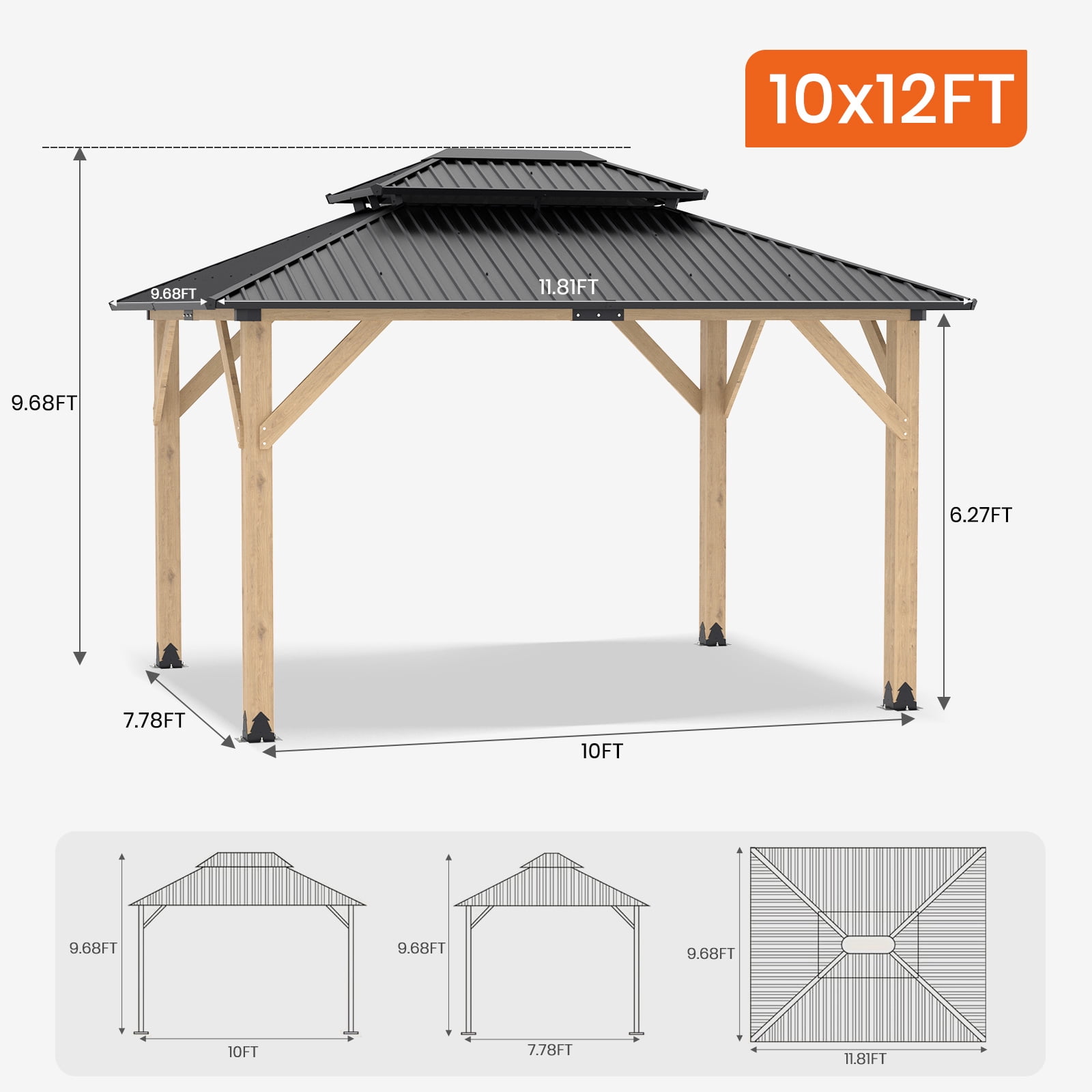 10x12 Outdoor Wooden Gazebo - Outdoor Patio Gazebo with Galvanized Steel Double Roof, Heavy-Duty Spruce Wood Gazebo for Garden, Lawn, Poolside, Backyard Deck
