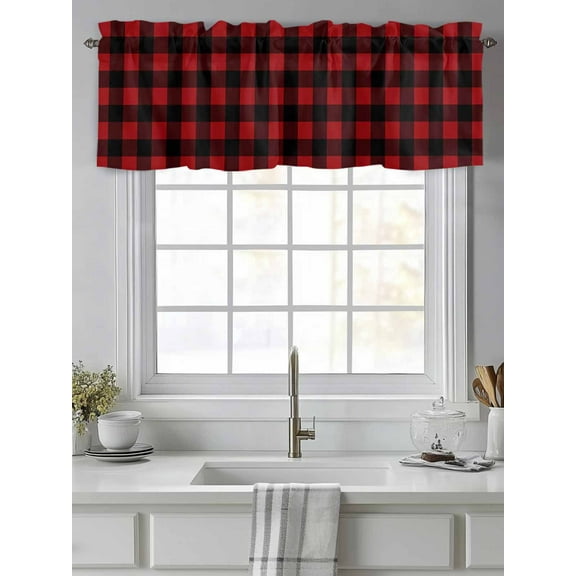 Curtain Valance for Windows,Christmas Farm Red Black Buffalo Plaid Kitchen Valances Rod Pocket Short Curtains,Pastoral Check Grid Window Treatment Panel for Bedroom Bathroom 42"x12"