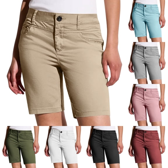 Sakmal High Waisted Womens Khaki Shorts Knee Length Straight Leg Work Chino Green Solid Trendy Ladies Shorts with Pockets