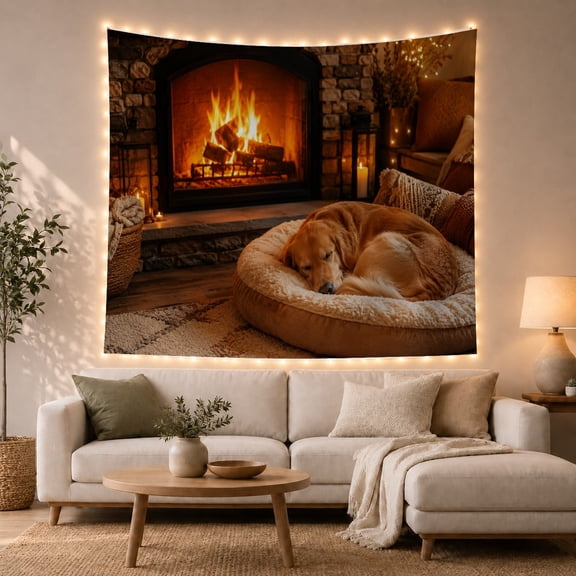 Sleeping Golden Retriever By Stone Fireplace In Warm Light, Cozy Rustic for Dog Owners, Detailed Artwork Christmas Gift, Tapestry Wall Hanging for Living Room and Bedroom