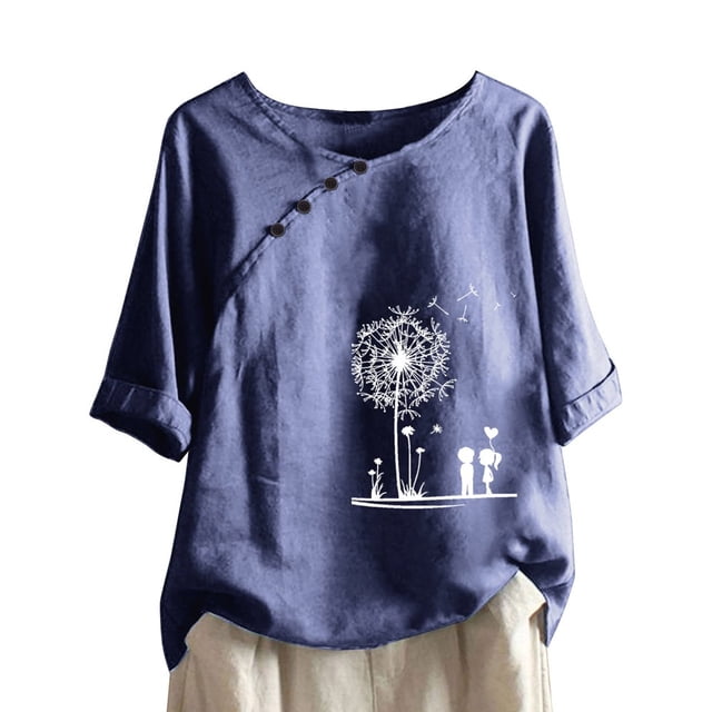 CHUANK Hauts pour Femmes en Liquidation à Moins de 10$ Hauts pour Femmes Décontractés Printemps Été Manches Longues Coton Lin Imprimé Graphique Pissenlit Col Rond Blouses Vintage Grande Taille