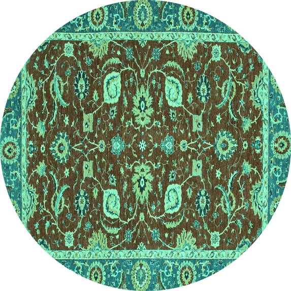 Ahgly Company Machine Washable Indoor Round Oriental Turquoise Blue Modern Area Rugs, 8' Round