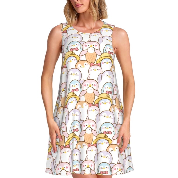 Fotbe Cute Cartoon Penguin Vestido de Verano sin Mangas para Mujer – Vestido Midi Línea A, Estilo Camiseta Floral, Vestido Playero Casual y Fluido