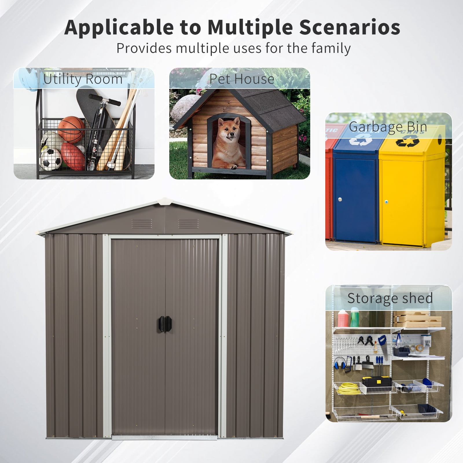 CarButler 6x5ft Metal Outdoor Storage Shed With Window and Lockable Sliding Doors for Garden Backyard Patio Lawn Gray