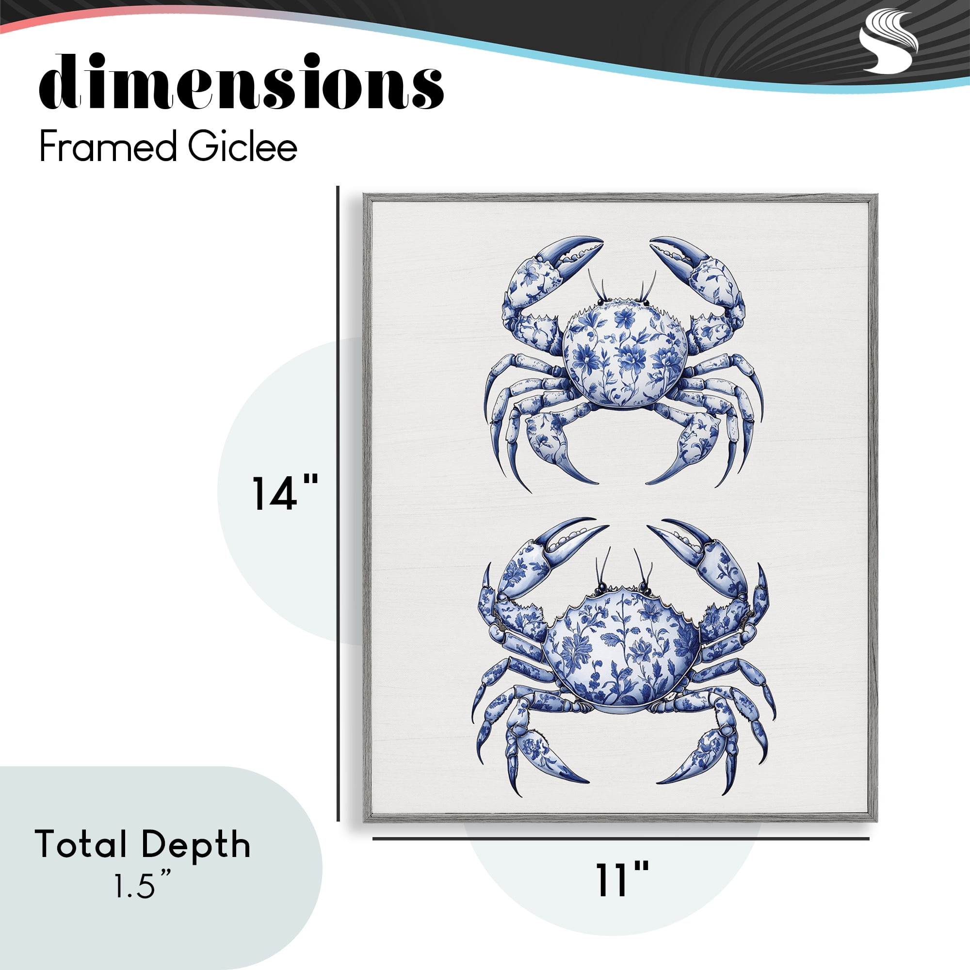 Vintage Toile Crabs Gray Framed Giclee Art, design by Lettered and Lined