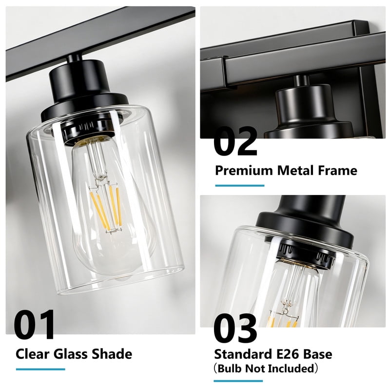 HKMGT 6-Light Bathroom Vanity Light, Black Wall Sconce with Clear Glass Shade E26 Base, Anti-Rust Up/Down Mount for Bathroom, Bedroom