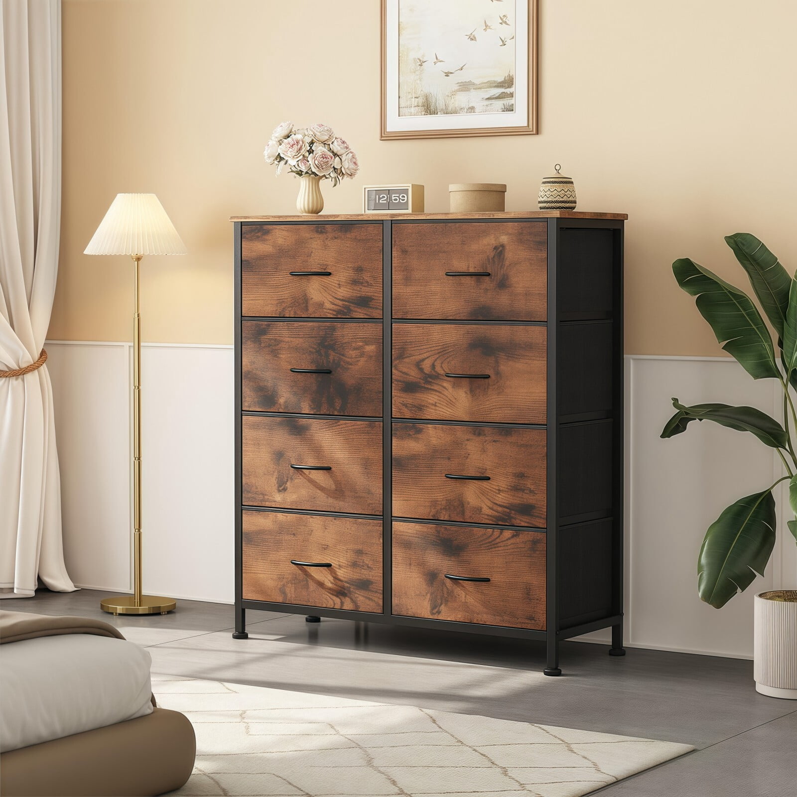 BEAUTYPEAK 8 Drawers Fabric Dresser Bedroom Storage Chest with Wood Top Adjustable Feet, Rustic Brown